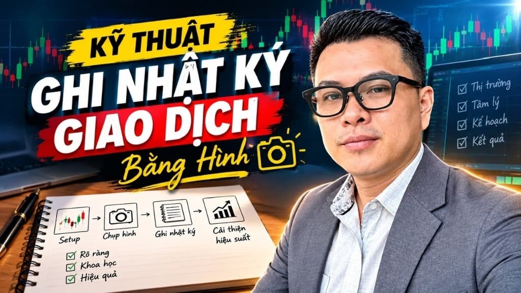 Ảnh bìa khóa học Kỹ Thuật Ghi Nhật Ký Giao Dịch Bằng Hình hiển thị đầy đủ tiêu đề, gương mặt giảng viên và checklist